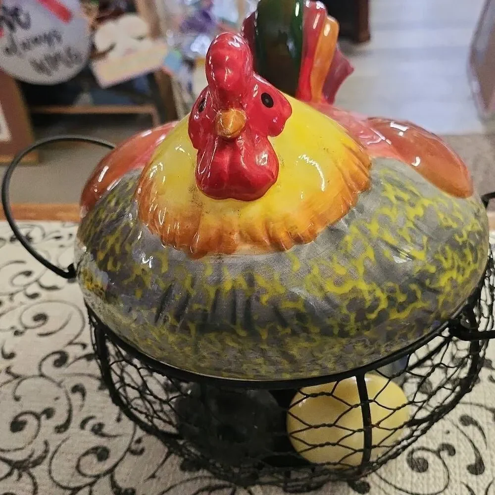 Ceramic Hen Egg Basket and Eggs